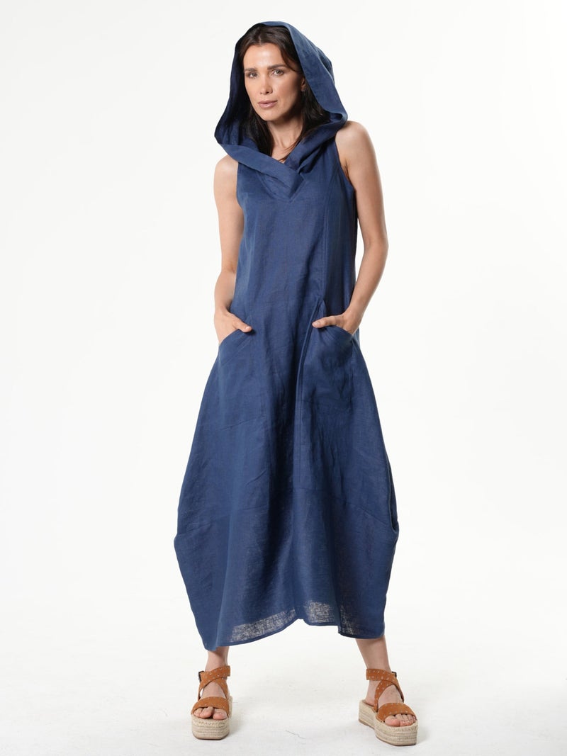 Metamorphoza Linen Hooded Dress In Blue - Image 1