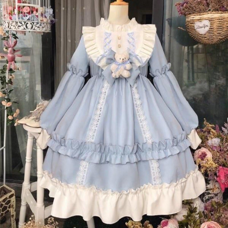With Bear lolita Skirt Full 2022 New Autumn and Winter Students Korean Loose lolita Dress op Long Sleeve Women Blue (with chest bow) 