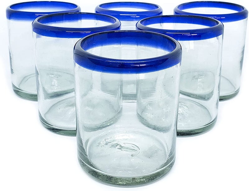 MexHandcraft Cobalt Blue Rim 10 oz Tumblers set of 6 Recycled Glass Leadfree ToxinFree Tumbler
