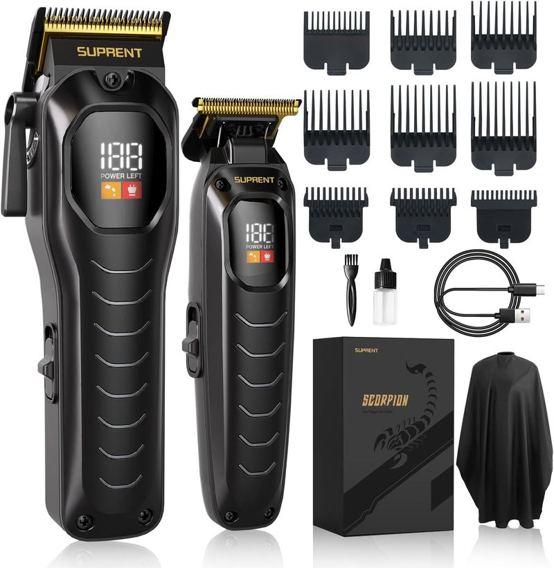 SUPRENT Hair Clippers for Men Professional Cordless Mens Hair Clipper Trimmer Set with Quiet 6000RPM Motor LED Display 9 Guide Combs Barber Hair Cutting Kits for Home Black