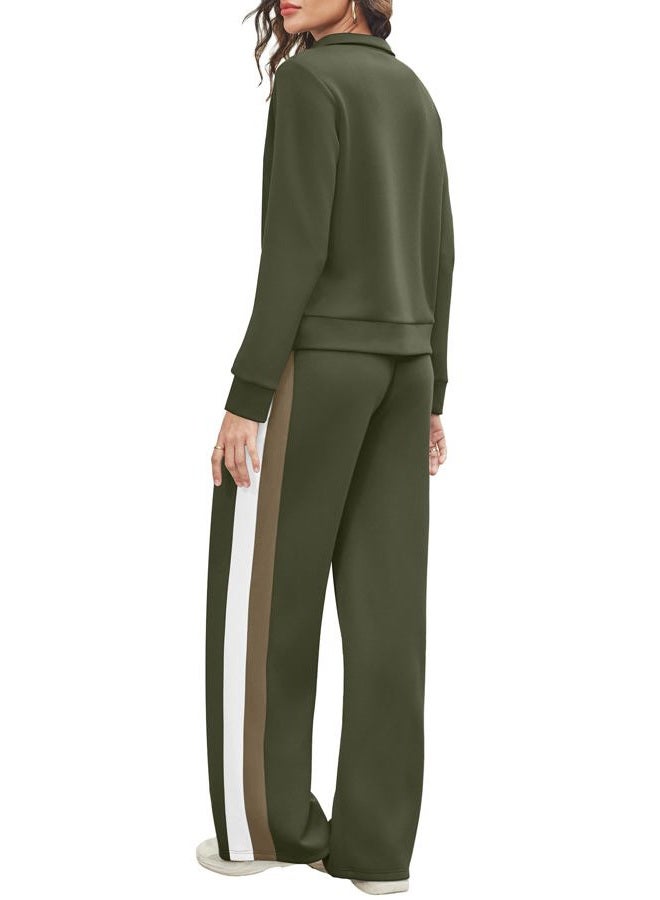 WIHOLL Women 2 Piece Outfits Airport Travel Vacation Sweatsuits Wide Leg Pants Lounge Set 2025 Fashion Clothes, Army Green, XL - Image 5