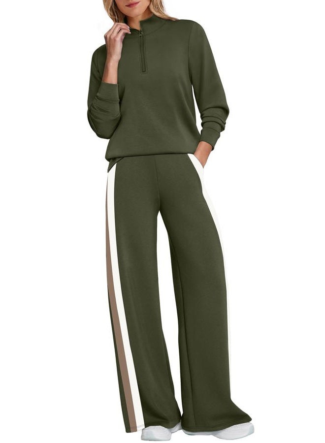 WIHOLL Women 2 Piece Outfits Airport Travel Vacation Sweatsuits Wide Leg Pants Lounge Set 2025 Fashion Clothes, Army Green, XL - Image 4