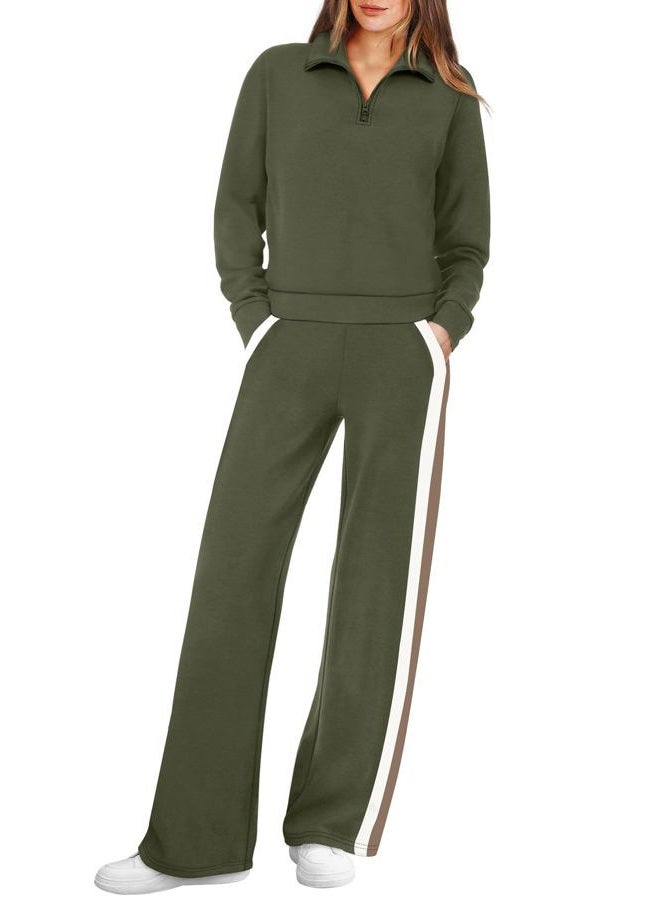 WIHOLL Women 2 Piece Outfits Airport Travel Vacation Sweatsuits Wide Leg Pants Lounge Set 2025 Fashion Clothes, Army Green, XL - Image 3