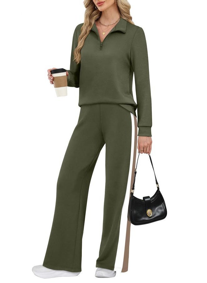 WIHOLL Women 2 Piece Outfits Airport Travel Vacation Sweatsuits Wide Leg Pants Lounge Set 2025 Fashion Clothes, Army Green, XL - Image 1