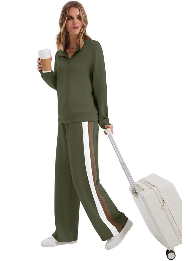 WIHOLL Women 2 Piece Outfits Airport Travel Vacation Sweatsuits Wide Leg Pants Lounge Set 2025 Fashion Clothes, Army Green, XL - Image 2