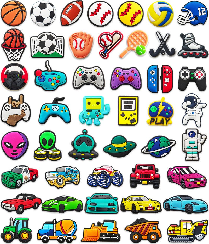 Lmiyowa 48 PCS Shoe Charms for Boys Girls & Kids : Sports Car Truck Video Game and Space Decoration Pins for Clogs - Shoe Accessories - Party Favors Gifts - Image 1