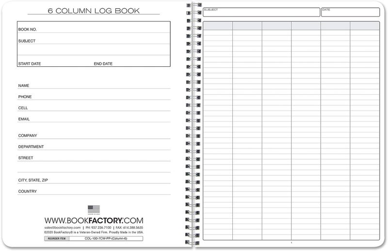 BookFactory 6 Column Log BookColumnar Logbook Notebook Six Columns Columnar Book Format 100 Pages 85 x 11 WireO Made in USA - Image 2