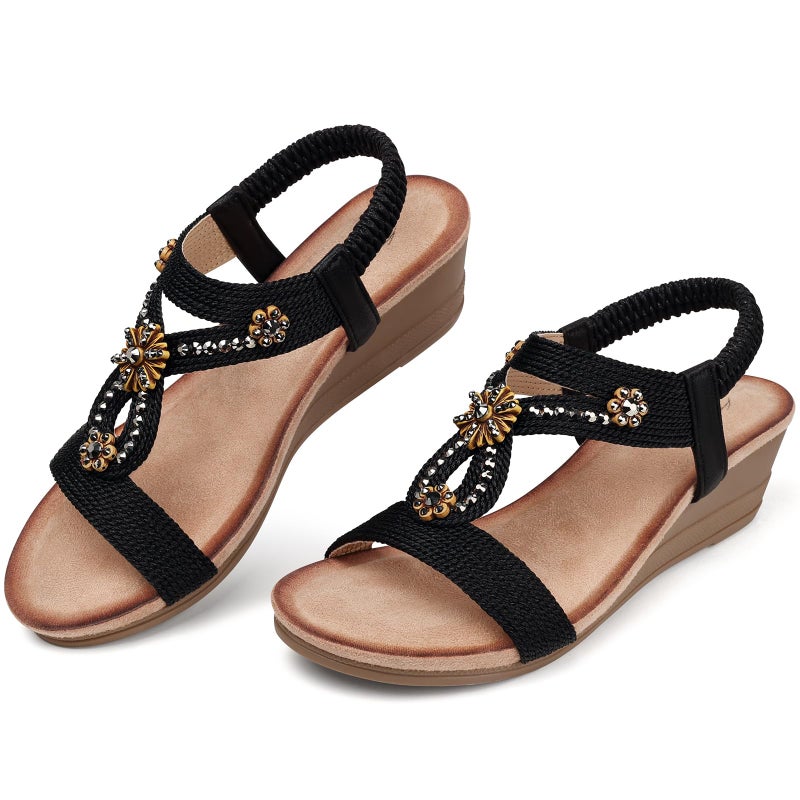 SHIBEVER Black Wedge Sandals for Women Dressy Summer Comfortable Rhinestone Sandals Open Toe Ankle Strap Dress Shoes Low Heel Size 9 - Image 5
