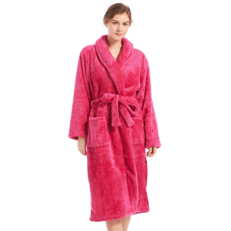 Inner Wish Womens Plush Fleece Robe Cozy Warm Bathrobe Fuzzy Female Spa Robe With Pockets ROSE REDLXL