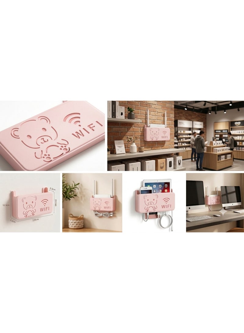 حامل راوتر جداري ورف منظم للكابلات بتصميم دب لطيف وفتحة لشبكة الواي فاي - رف لاصق متين لا يحتاج إلى حفر، مناسب للمنزل والمكتب والمتجر - لون بينك - Image 3