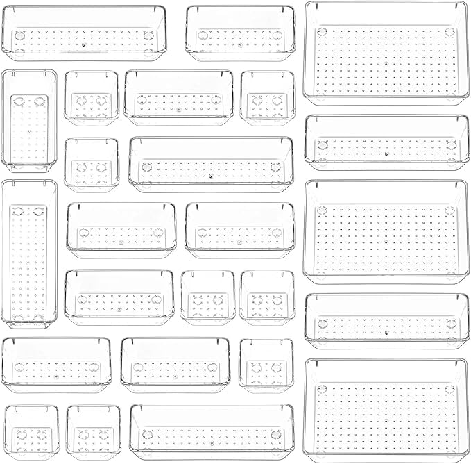 Kaito Drawer Organizers Trays Set 25Piece Storage Bins Set Desk and Vanity Trays for Bathroom Kitchen Office Bedroom Dresser Makeup Transparent Tray - Image 1