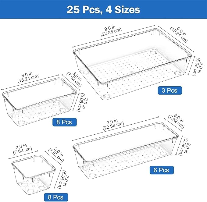 Kaito Drawer Organizers Trays Set 25Piece Storage Bins Set Desk and Vanity Trays for Bathroom Kitchen Office Bedroom Dresser Makeup Transparent Tray - Image 5