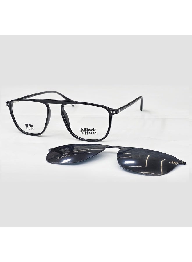 Men’s eyeglasses made of lightweight and durable TR material, offering excellent comfort for daily use. The acetate temples come with spring hinges for added flexibility and a secure, comfortable fit. Includes a flat Polarized Clip-On lens that attaches instantly, transforming the frame into stylish sunglasses with reduced glare and enhanced outdoor visibility.  A practical and modern choice for work, driving, and everyday wear.