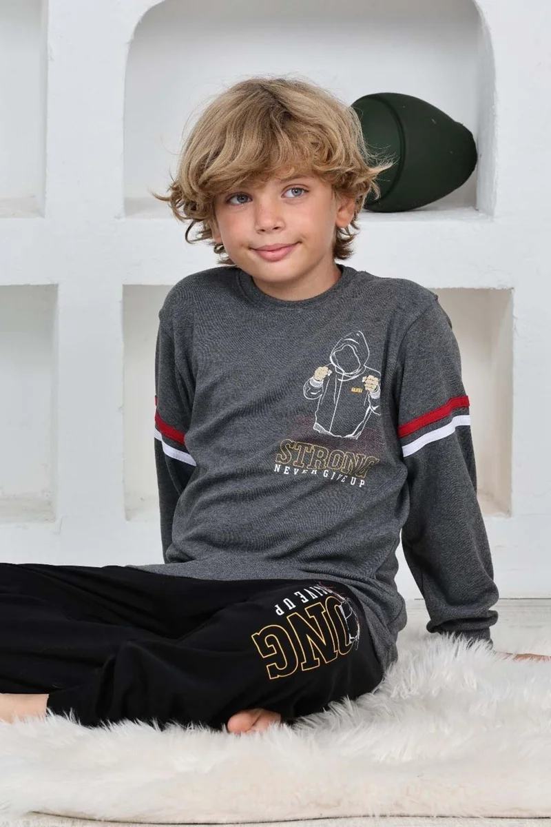 غري مور تكستل Gray Purple Textile Boy Compact Cotton Back Printed Pajama Set