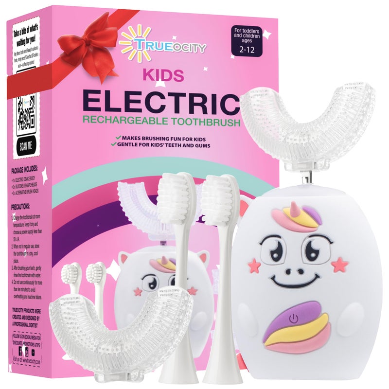 Trueocity Kids U Shape Toothbrush Auto Electric Toddler Rechargeable Kids Automatic Toothbrush | 360Â° U-Shaped Silicone Brush Head | Gentle Cleaning for Ages 2â€“7 | Unicorn Design (Pink) - Image 1
