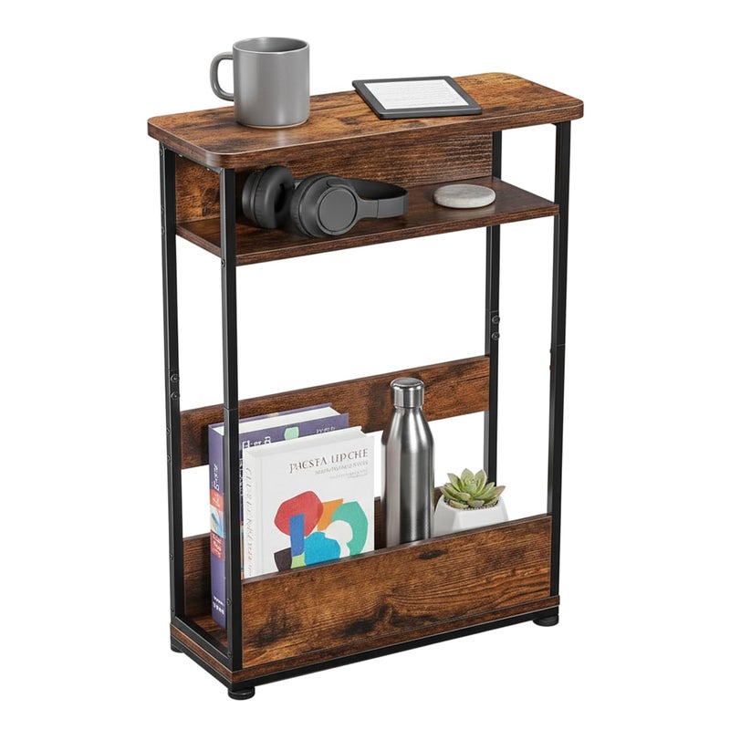 YEAKOO طاولة جانبية ضيقة 3 طبقات مع رف تخزين طاولة صوفا عصرية طاولة جانبية رفيعة للمساحات الضيقة والصغيرة طاولة بجانب السرير رفيعة طاولة ليلية صغيرة مع رف للمجلات توفير المساحة بني