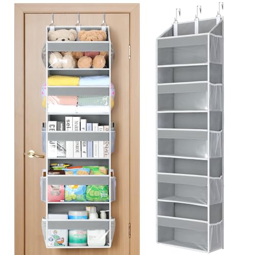 Yecaye Over the Door Organizer 5 Tiers, Heavy Duty Hanging Storage with 5 Large Clear PVC Pockets and 10 Side Pockets, 56lbs Capacity for Closet Door Bathroom Bedroom Nursery Dorm Laundry Room, Grey - Image 1