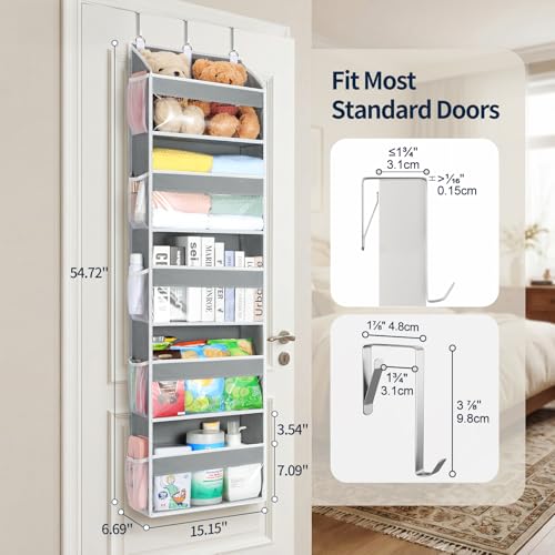 Yecaye Over the Door Organizer 5 Tiers, Heavy Duty Hanging Storage with 5 Large Clear PVC Pockets and 10 Side Pockets, 56lbs Capacity for Closet Door Bathroom Bedroom Nursery Dorm Laundry Room, Grey - Image 2