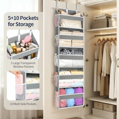 Yecaye Over the Door Organizer 5 Tiers, Heavy Duty Hanging Storage with 5 Large Clear PVC Pockets and 10 Side Pockets, 56lbs Capacity for Closet Door Bathroom Bedroom Nursery Dorm Laundry Room, Grey - Image 3