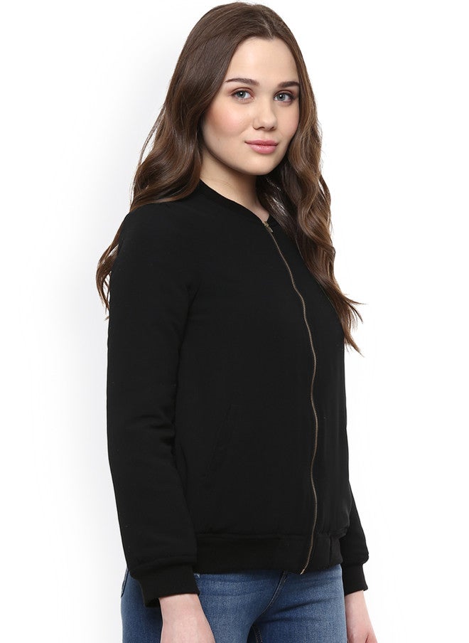 StyleStone Women's Black Solid Bomber Jacket with Zip Closure - Image 2