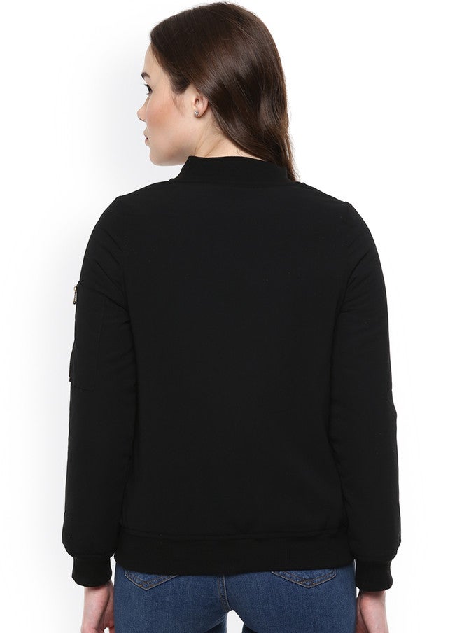 StyleStone Women's Black Solid Bomber Jacket with Zip Closure - Image 3