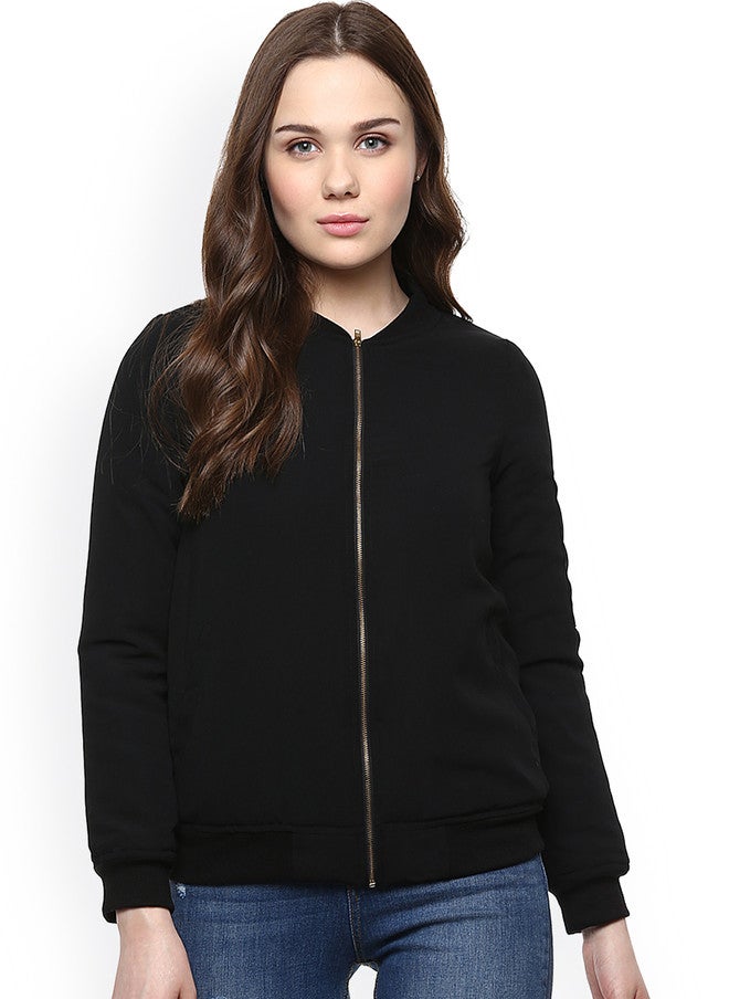 StyleStone Women's Black Solid Bomber Jacket with Zip Closure - Image 1