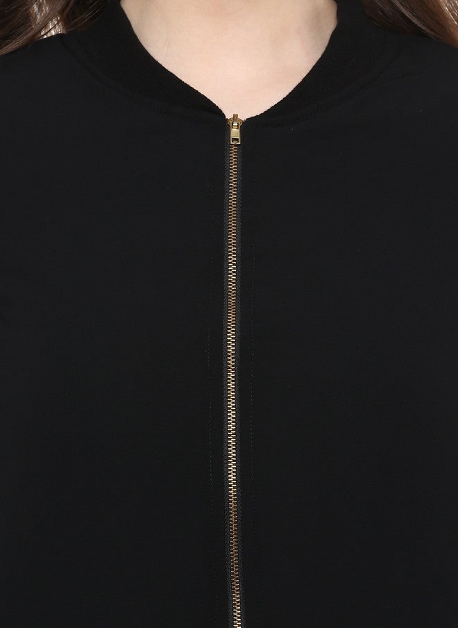 StyleStone Women's Black Solid Bomber Jacket with Zip Closure - Image 4