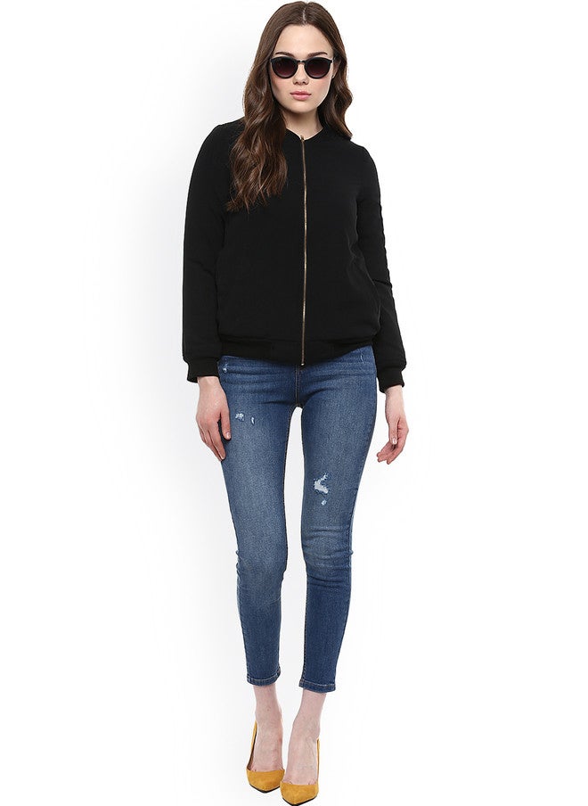 StyleStone Women's Black Solid Bomber Jacket with Zip Closure - Image 5