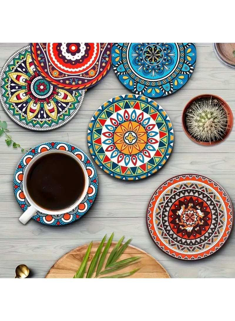 Mandala Drink Coasters with Holder - 8 Set Ceramic Boho Coaster for Drinks Absorbent with Cork Base and Black Holder - Coasters for Coffee Table Apartment Wooden Mugs Glasses Cup  - Image 2