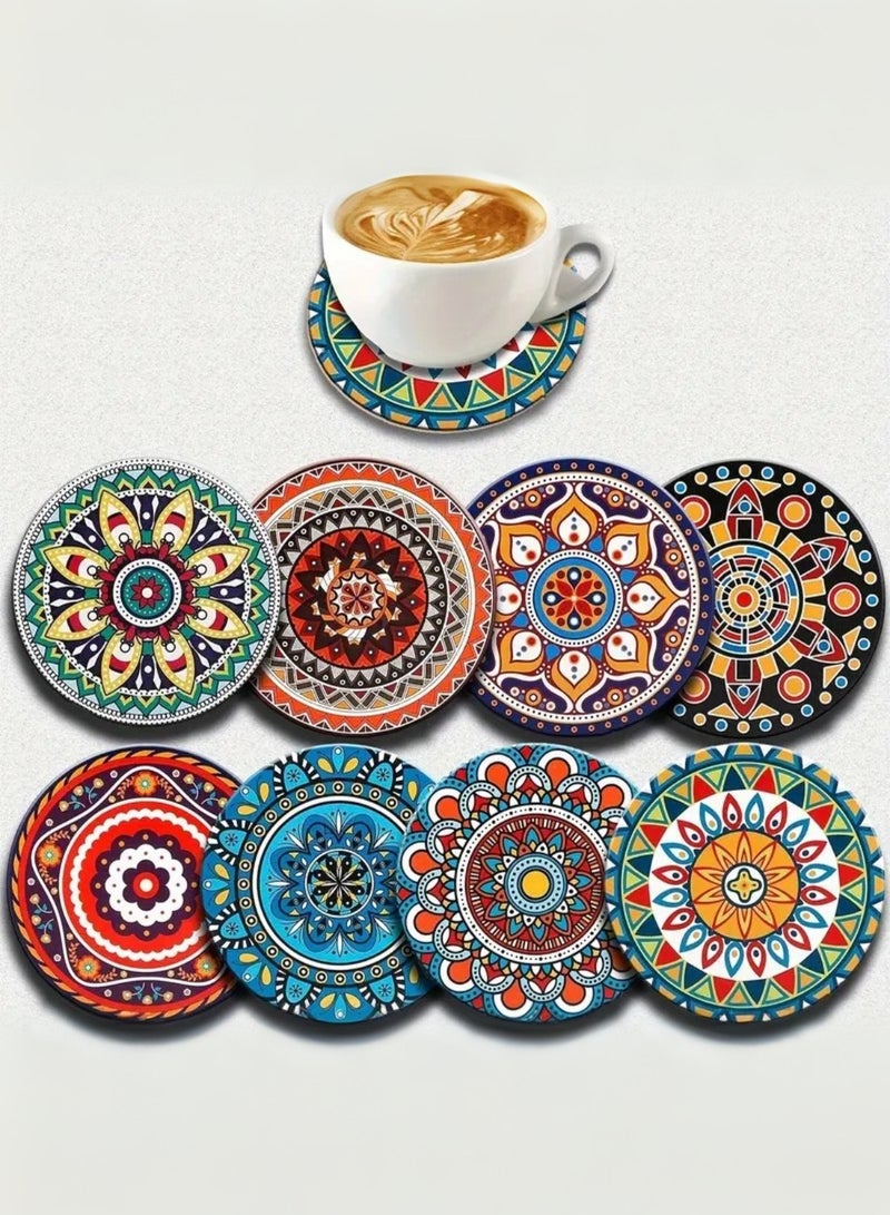 Mandala Drink Coasters with Holder - 8 Set Ceramic Boho Coaster for Drinks Absorbent with Cork Base and Black Holder - Coasters for Coffee Table Apartment Wooden Mugs Glasses Cup  - Image 1