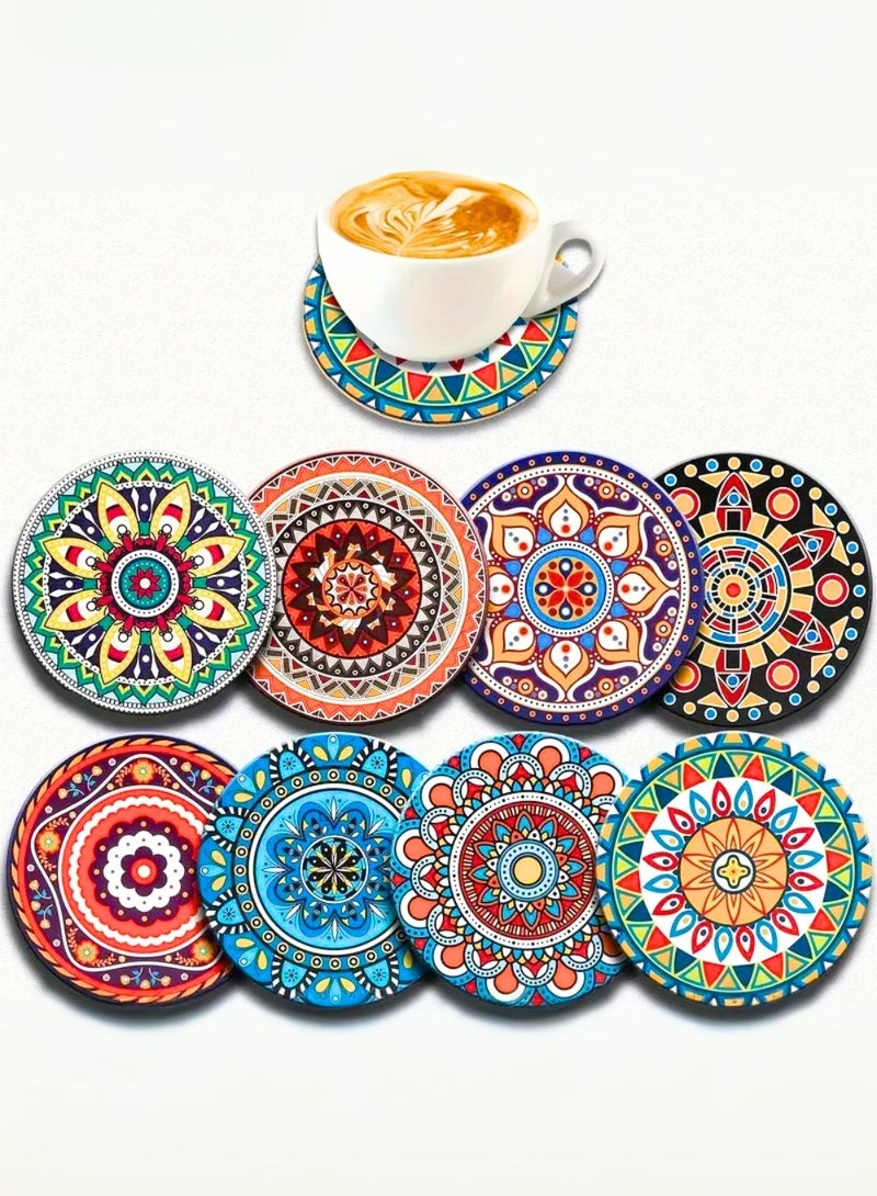 زيد أورا قواعد أكواب ماندالا مع حامل - مجموعة من 8 قواعد أكواب سيراميك بوهو ماصة للمشروبات مع قاعدة من الفلين وحامل أسود - قواعد أكواب لطاولة القهوة والشقة وأكواب خشبية وكؤوس - Image 1