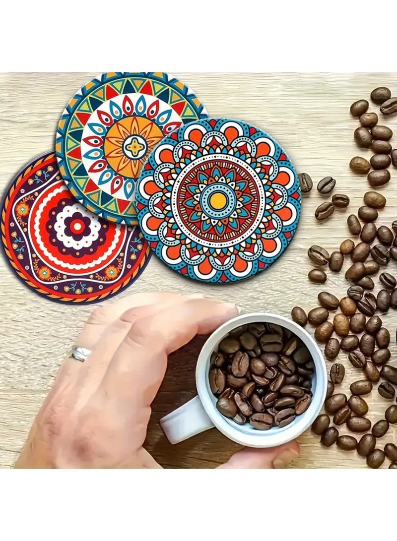 زيد أورا قواعد أكواب ماندالا مع حامل - مجموعة من 8 قواعد أكواب سيراميك بوهو ماصة للمشروبات مع قاعدة من الفلين وحامل أسود - قواعد أكواب لطاولة القهوة والشقة وأكواب خشبية وكؤوس - Image 3