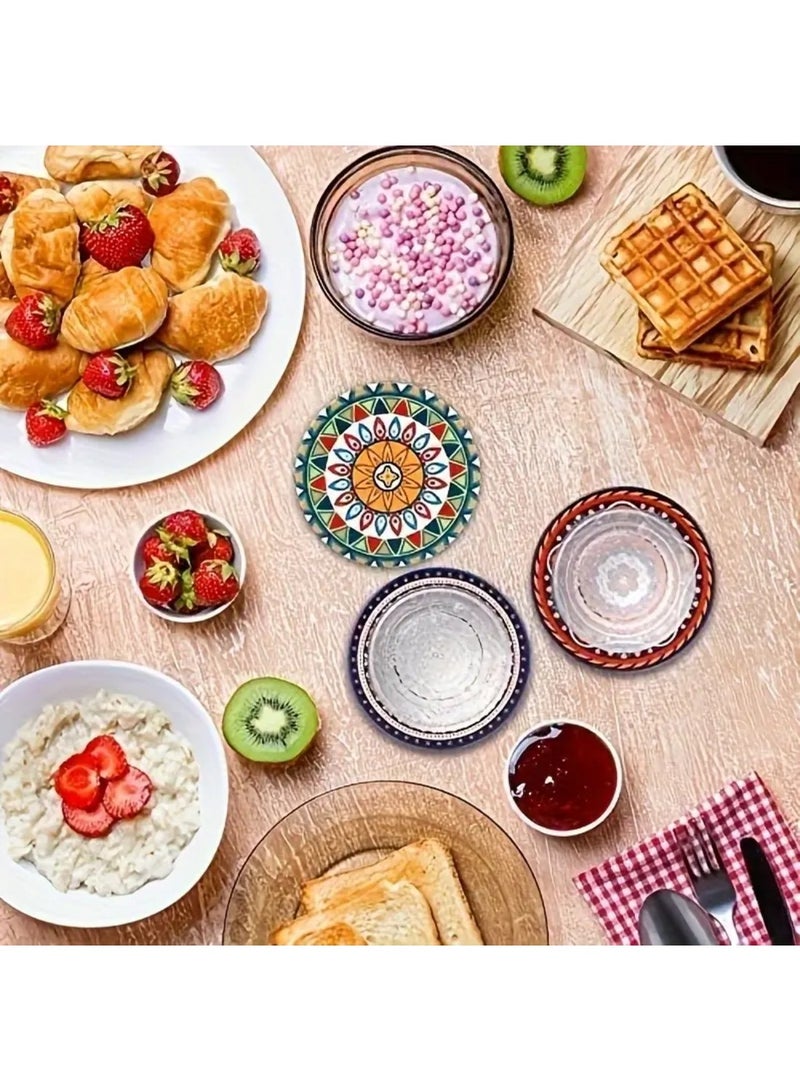 زيد أورا قواعد أكواب ماندالا مع حامل - مجموعة من 8 قواعد أكواب سيراميك بوهو ماصة للمشروبات مع قاعدة من الفلين وحامل أسود - قواعد أكواب لطاولة القهوة والشقة وأكواب خشبية وكؤوس - Image 4