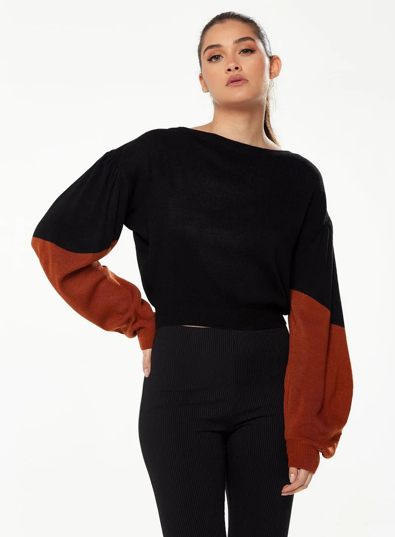 Liquorish Crop Jumper in Black with Brown Sleeves