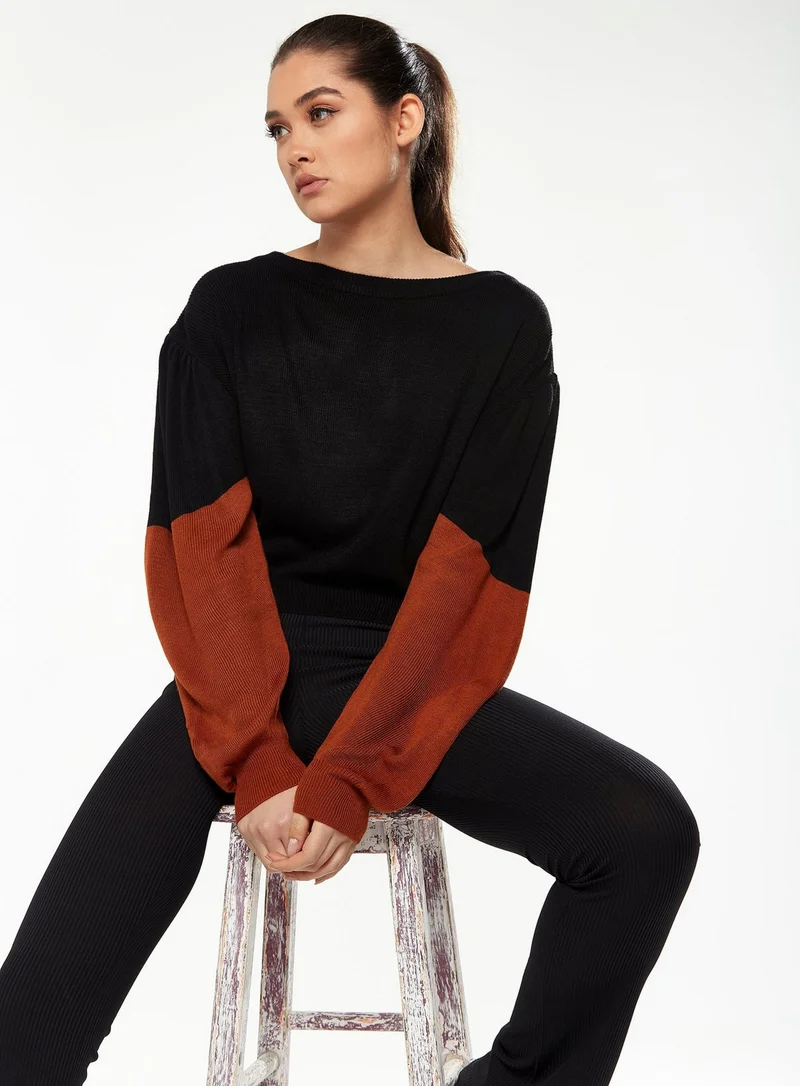 Liquorish Crop Jumper in Black with Brown Sleeves