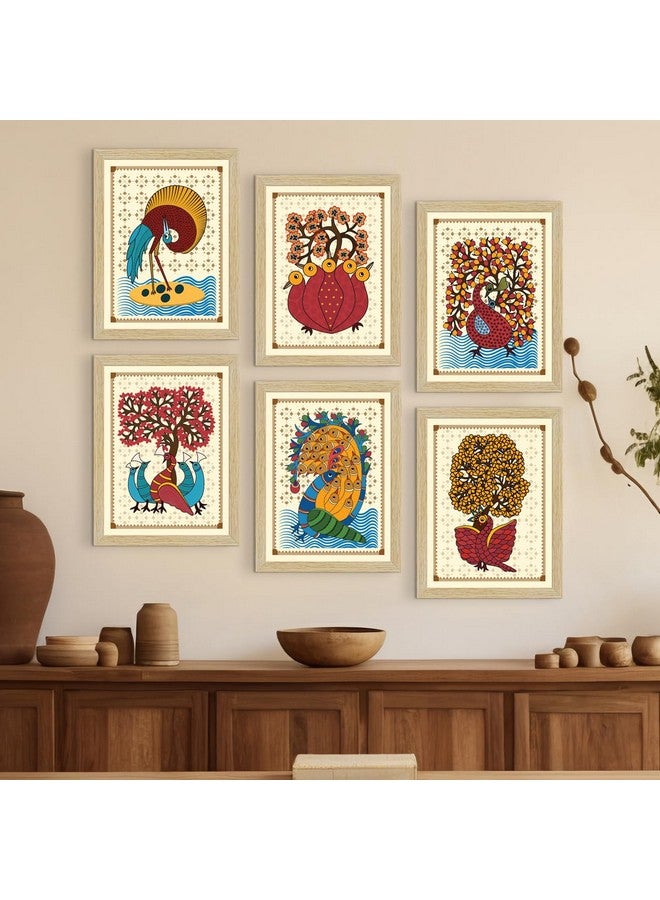 ArtX Paper Indian Gond Art Paintings with Frame for Home Decor, Wall Painting for Living Room, Multicolor, Set of 6 - Image 1
