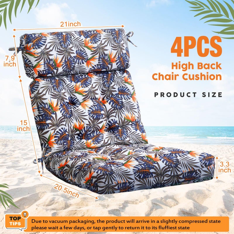 Barydat 4 Pcs Tufted High Back Chair Cushion Indoor Outdoor Seat and Back Cushions Palm Leaves Tropical Plants Lawn Rocking Chair Pads with Ties for Adirondack Patio Garden(Brown Blue) - Image 2