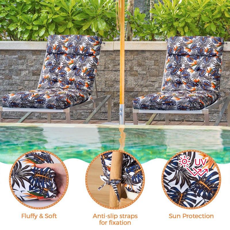 Barydat 4 Pcs Tufted High Back Chair Cushion Indoor Outdoor Seat and Back Cushions Palm Leaves Tropical Plants Lawn Rocking Chair Pads with Ties for Adirondack Patio Garden(Brown Blue) - Image 3
