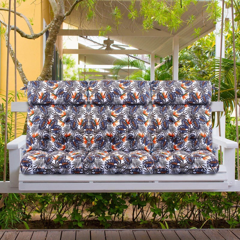 Barydat 4 Pcs Tufted High Back Chair Cushion Indoor Outdoor Seat and Back Cushions Palm Leaves Tropical Plants Lawn Rocking Chair Pads with Ties for Adirondack Patio Garden(Brown Blue) - Image 5