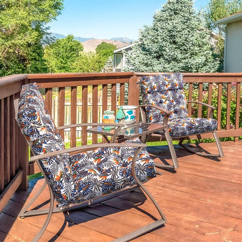 Barydat 4 Pcs Tufted High Back Chair Cushion Indoor Outdoor Seat and Back Cushions Palm Leaves Tropical Plants Lawn Rocking Chair Pads with Ties for Adirondack Patio Garden(Brown Blue) - Image 4