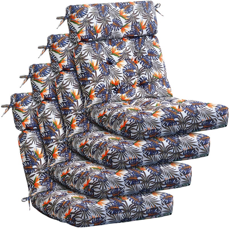 Barydat 4 Pcs Tufted High Back Chair Cushion Indoor Outdoor Seat and Back Cushions Palm Leaves Tropical Plants Lawn Rocking Chair Pads with Ties for Adirondack Patio Garden(Brown Blue) - Image 1