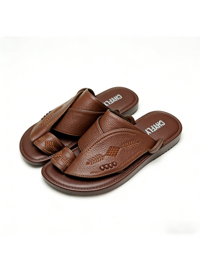 Men Arabic Style Brown Faux Leather Toe Ring Slide Sandals, Traditional Embroidery Pattern Platform Flat Slippers, Soft Anti-Slip Casual Summer Slides Matching Thobe for Indoor & Outdoor Daily Wear - Image 1