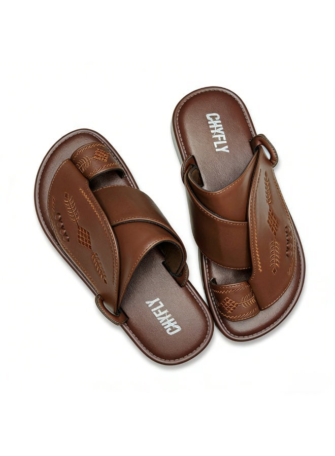 Men Arabic Style Brown Faux Leather Toe Ring Slide Sandals, Traditional Embroidery Pattern Platform Flat Slippers, Soft Anti-Slip Casual Summer Slides Matching Thobe for Indoor & Outdoor Daily Wear - Image 2
