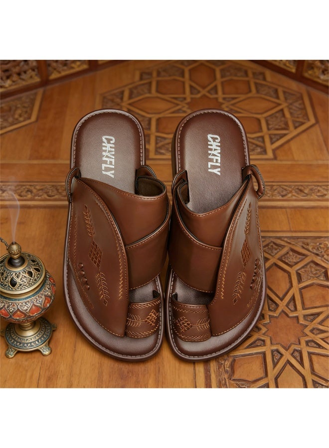Men Arabic Style Brown Faux Leather Toe Ring Slide Sandals, Traditional Embroidery Pattern Platform Flat Slippers, Soft Anti-Slip Casual Summer Slides Matching Thobe for Indoor & Outdoor Daily Wear - Image 4