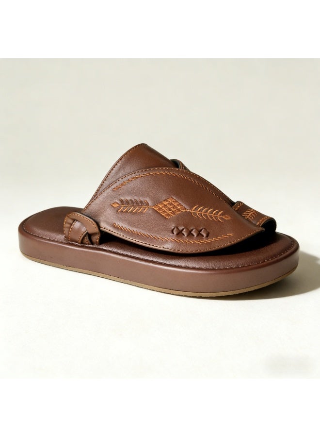 Men Arabic Style Brown Faux Leather Toe Ring Slide Sandals, Traditional Embroidery Pattern Platform Flat Slippers, Soft Anti-Slip Casual Summer Slides Matching Thobe for Indoor & Outdoor Daily Wear - Image 5