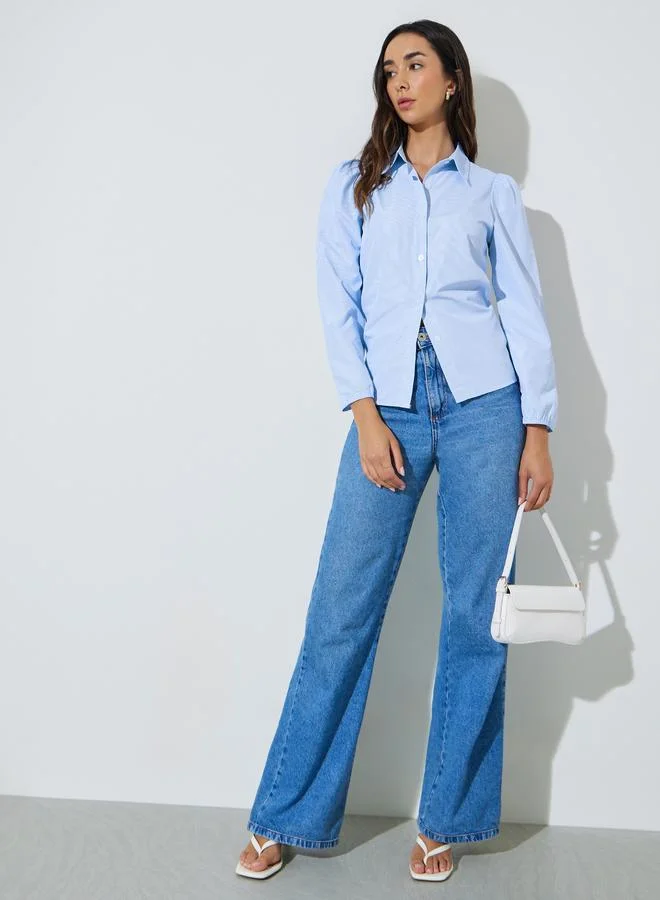 ستايلي Blue Grid Puff Sleeve Buttoned Shirt