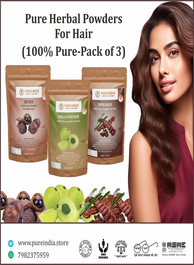 Pureindia | Combo Amla- Ritha - Shikakai Powder for Hair-Care, Hair Pack Pack of-3 |100gm each |Long Hair - Image 2