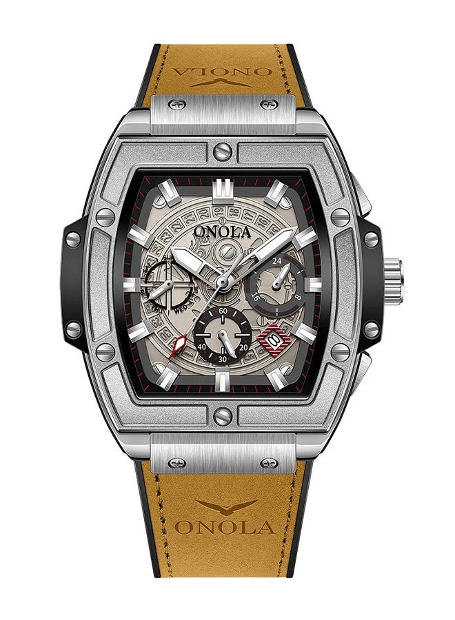 ONOLA ​​ONOLA Men's Multifunction Quartz Watch - Silver Dial with Brown Leather Strap, Stainless Steel Case, 30M Water Resistance, Business Casual Style for Office & Social Occasions​​ - Image 1