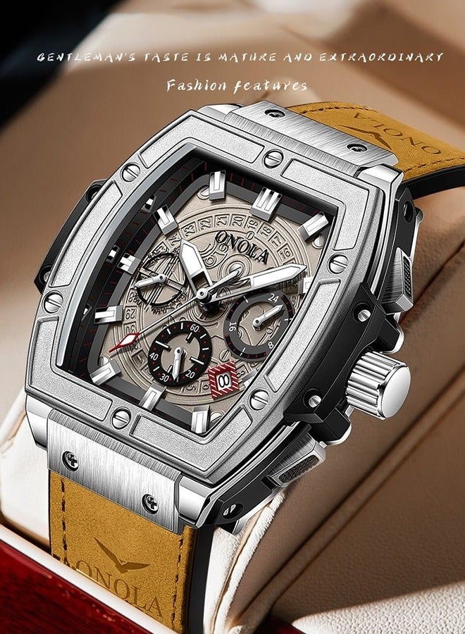 ONOLA ​​ONOLA Men's Multifunction Quartz Watch - Silver Dial with Brown Leather Strap, Stainless Steel Case, 30M Water Resistance, Business Casual Style for Office & Social Occasions​​ - Image 2