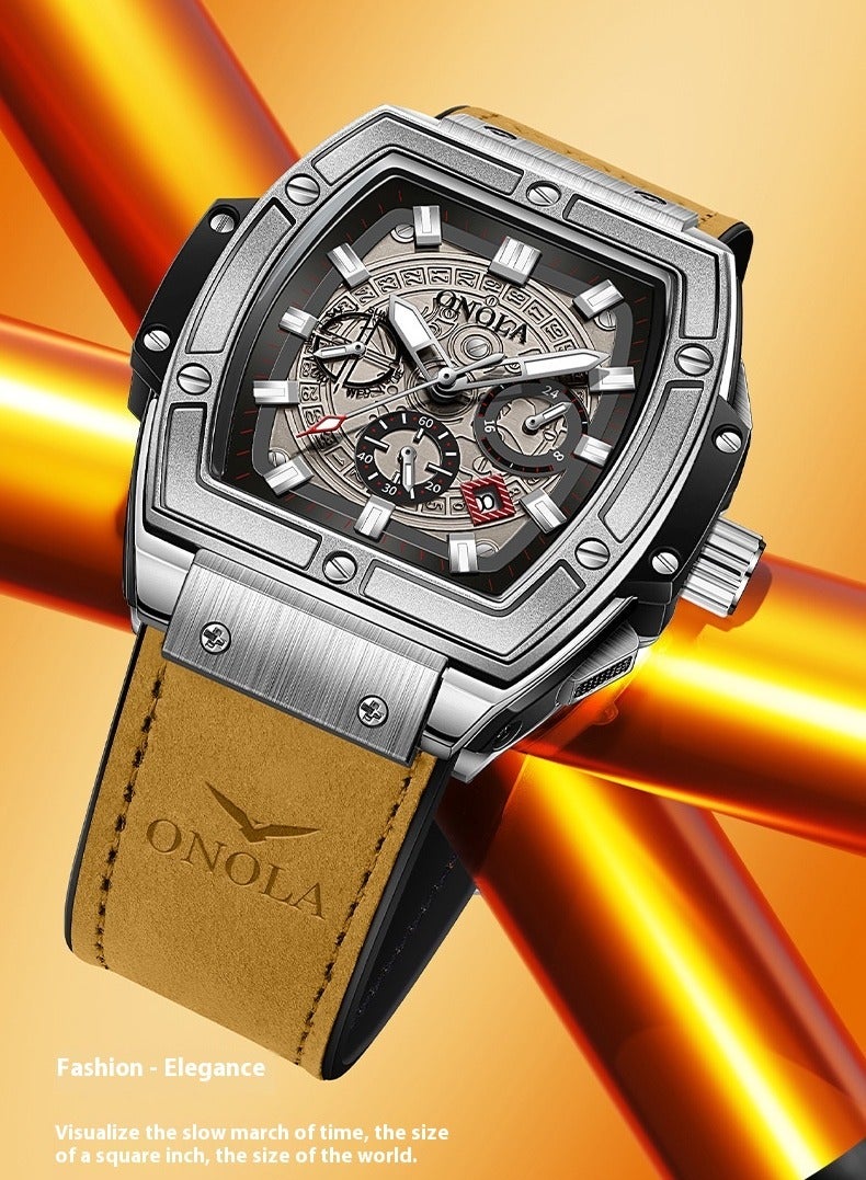 ONOLA ​​ONOLA Men's Multifunction Quartz Watch - Silver Dial with Brown Leather Strap, Stainless Steel Case, 30M Water Resistance, Business Casual Style for Office & Social Occasions​​ - Image 3